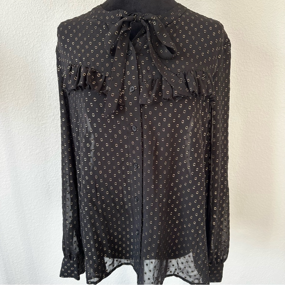Neiman Marcus Black Sheer Metallic Dot Ruffle Blouse Size XL NWT